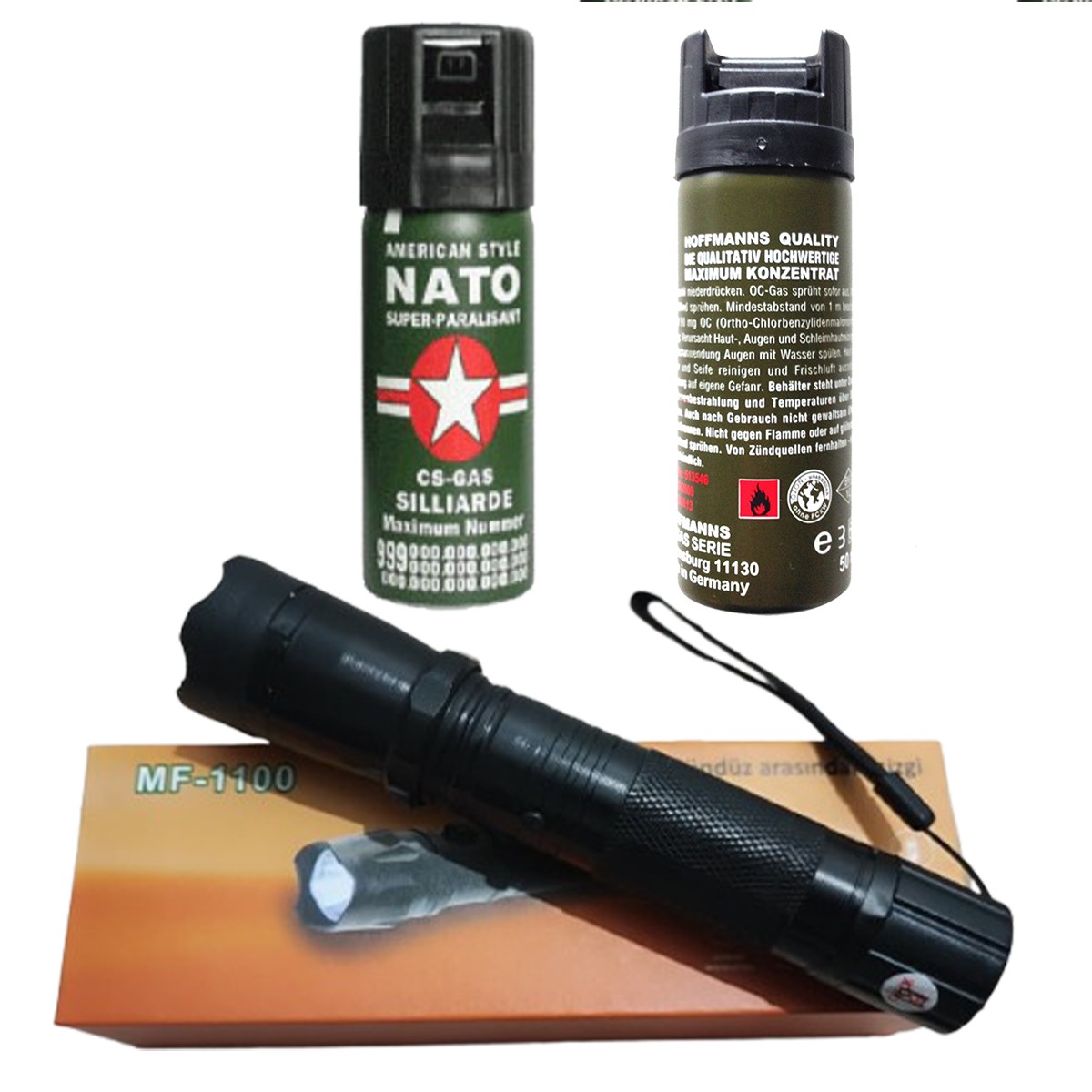 Elektroşok El Feneri ve Nato 50 ml Biber Gazı - Kişisel Savunma Seti